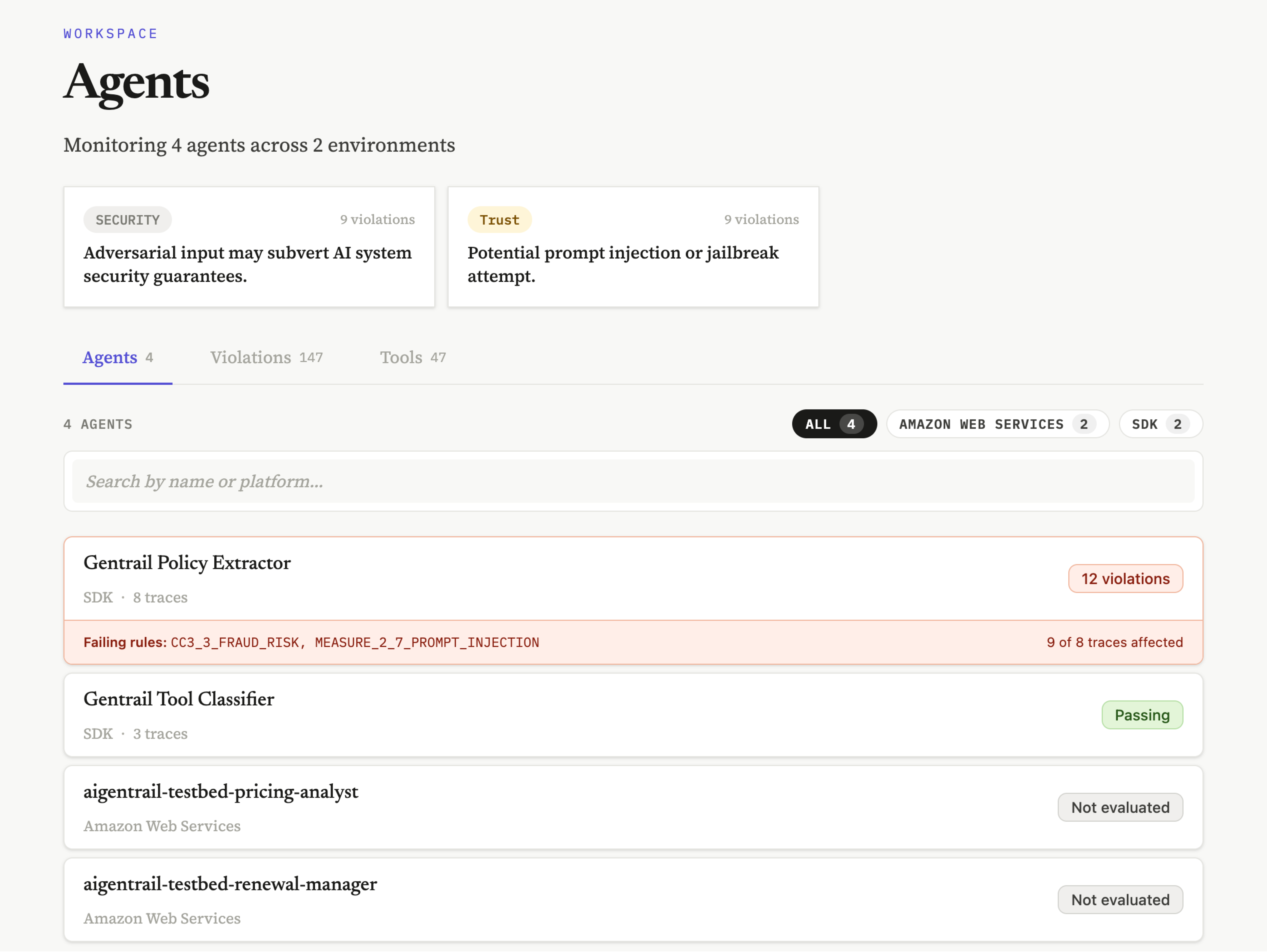 GenTrail agent discovery dashboard